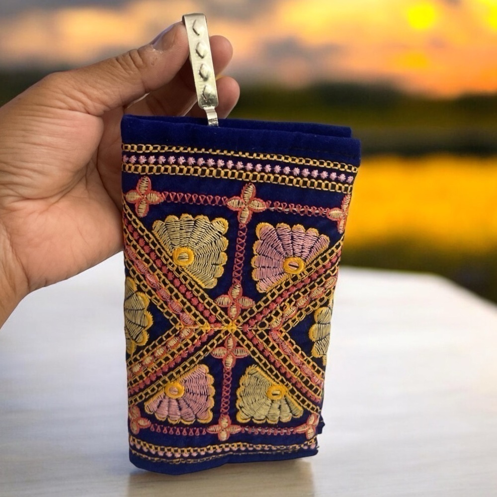 Traditional Ethnic Asian Velvet Mobile / Money Purse/ Bag With Flower Embroidery